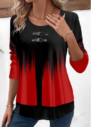 ROTITA Patchwork Ombre Red Round Neck Long Sleeve Blouse