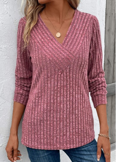 Patchwork Dark Reddish Purple V Neck T Shirt