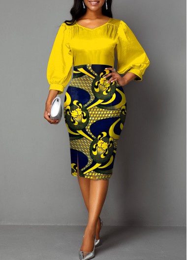 ROTITA Patchwork Tribal Print Yellow Round Neck Bodycon Dress