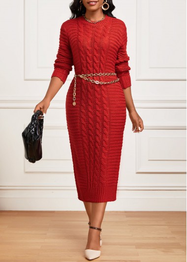 ROTITA Red Round Neck Long Sleeve Bodycon Dress