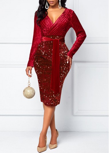 ROTITA Velvet Wine Red Belted Cross Collar Dress