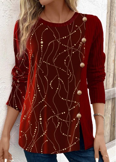 ROTITA Hot Stamping Wine Red Round Neck T Shirt