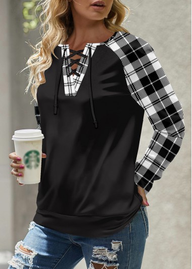 ROTITA Lace Up Plaid Black Round Neck Long Sleeve Sweatshirt