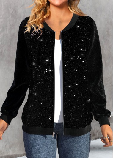 ROTITA Sequin Black Patchwork Long Sleeve Jacket