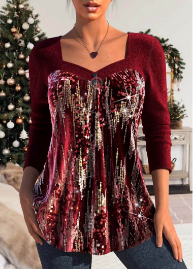 ROTITA Patchwork Wine Red Heart Collar Long Sleeve T Shirt