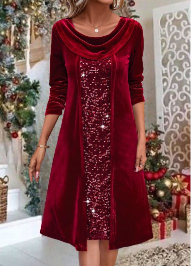 ROTITA Sequin Wine Red A Line Draped Neck Dress