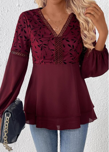 ROTITA Patchwork Leaf Print Wine Red V Neck Blouse