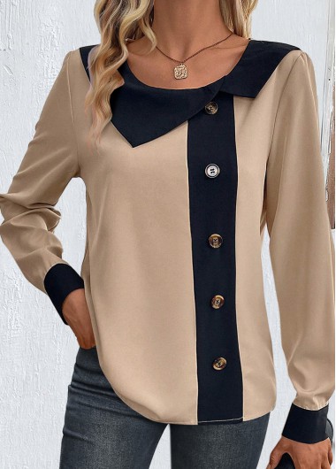 ROTITA Patchwork Light Camel Asymmetrical Neck Long Sleeve Blouse