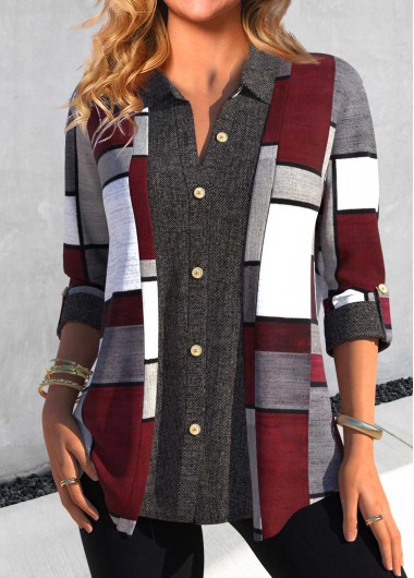 ROTITA Button Geometric Print Dark Grey Shirt Collar Blouse