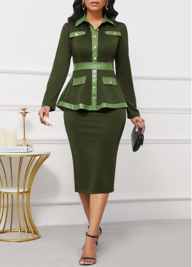 ROTITA Vegan Leather Blackish Green Shirt Collar Dress