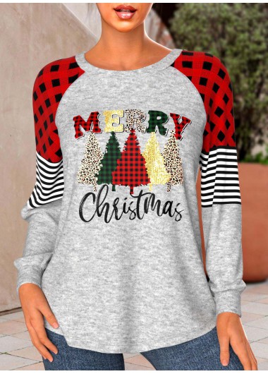 ROTITA Patchwork Christmas Print Red Round Neck T Shirt