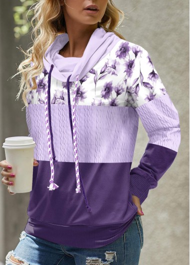 ROTITA Patchwork Floral Print Light Purple Cowl Neck Sweatshirt