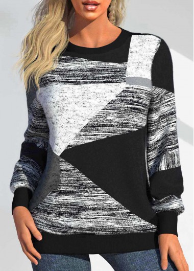 ROTITA Patchwork Geometric Print Black Round Neck Long Sleeve Sweatshirt
