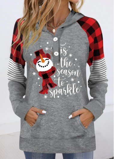 ROTITA Patchwork Christmas Print Grey Long Sleeve Hoodie