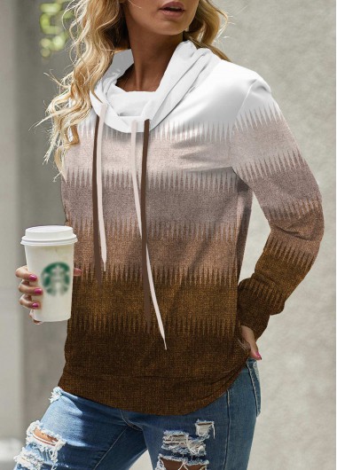 ROTITA Patchwork Ombre Dark Camel Cowl Neck Long Sleeve Sweatshirt