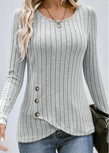 Button Grey Round Neck Long Sleeve T Shirt
