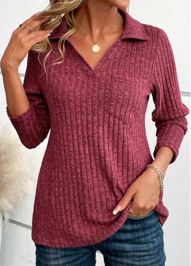 Pocket Wine Red V Neck Long Sleeve T Shirt