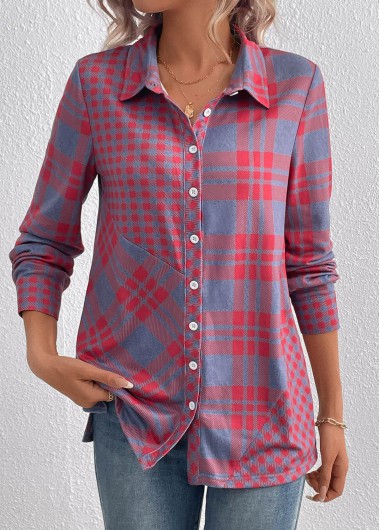 ROTITA Button Plaid Red Shirt Collar Long Sleeve Blouse