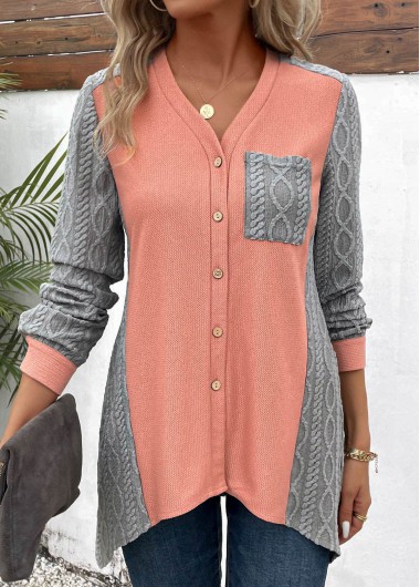 ROTITA Patchwork Orange V Neck Long Sleeve Blouse