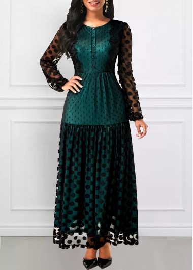 ROTITA Button Polka Dot Blackish Green Round Neck Dress