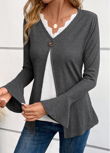 Patchwork Dark Grey V Neck Long Sleeve T Shirt