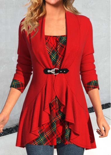 ROTITA Long Sleeve Fake 2in1 Plaid Red T Shirt