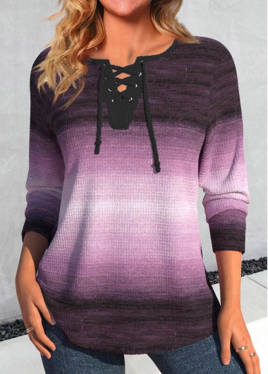 ROTITA Lace Up Ombre Purple Long Sleeve T Shirt