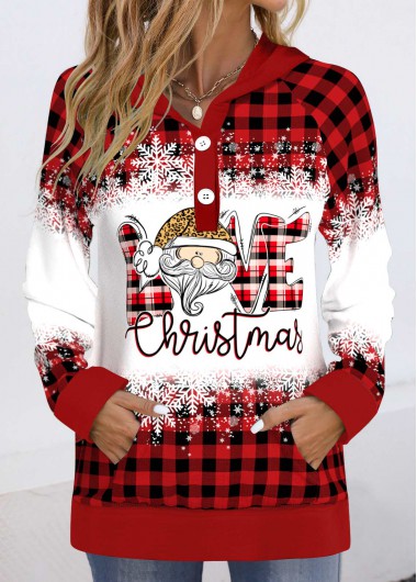 ROTITA Christmas Button Santa Claus Print Red Long Sleeve Hoodie