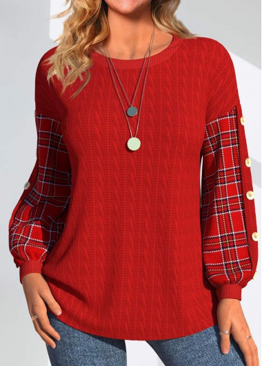 ROTITA Button Plaid Red Round Neck Long Sleeve Sweatshirt