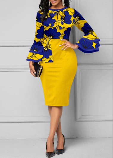 ROTITA Contrast Binding Floral Print Yellow Round Neck Dress