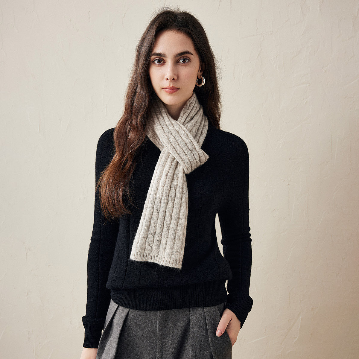 Stay warm and stylish with our Classic Cable Knit Cashmere Scarf