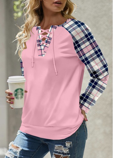 ROTITA Lace Up Plaid Light Pink Round Neck Sweatshirt