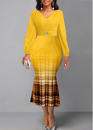 ROTITA Plaid Yellow V Neck Long Sleeve Mermaid Dress
