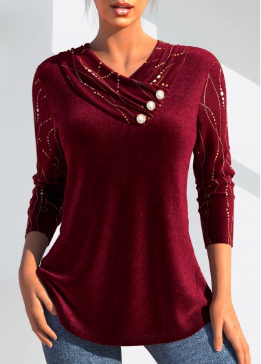 ROTITA Velvet Wine Red V Neck Long Sleeve T Shirt