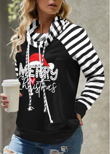 ROTITA Patchwork Striped Black Cowl Neck Long Sleeve Sweatshirt