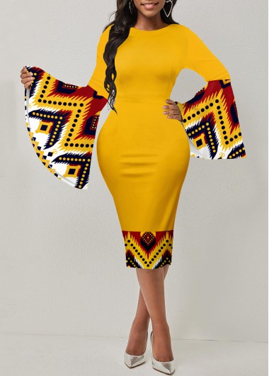 ROTITA Patchwork Tribal Print Ginger Round Neck Bodycon Dress