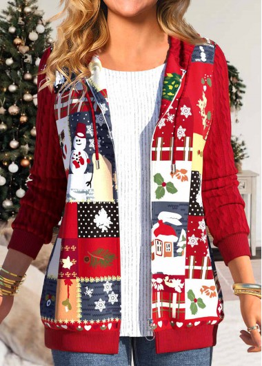 ROTITA Zipper Christmas Print Red Hooded Long Sleeve Jacket