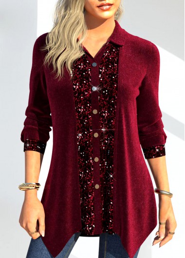 ROTITA Velvet Wine Red Shirt Collar Long Sleeve Blouse