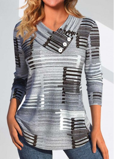 ROTITA Button Geometric Print Dark Grey Marl T Shirt
