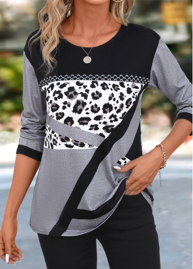 Patchwork Leopard Grey Round Neck Long Sleeve T Shirt