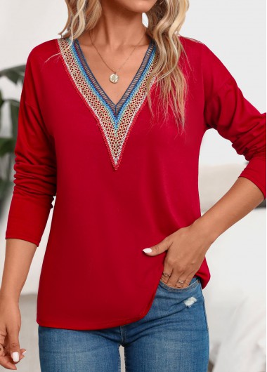 Patchwork Red V Neck Long Sleeve T Shirt