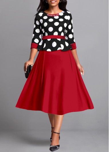 ROTITA Pearl Polka Dot Wine Red Round Neck Dress