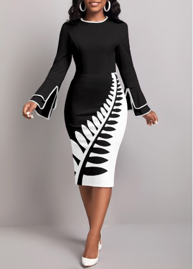 ROTITA Split Leaf Print Black Round Neck Dress