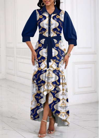 ROTITA Patchwork Tribal Print Navy Belted High Low Dress