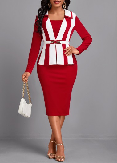 ROTITA Patchwork Wine Red Square Neck Long Sleeve Bodycon Dress