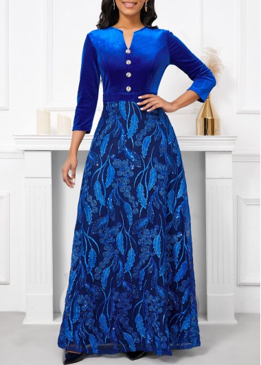 ROTITA Velvet Royal Blue Split Neck Maxi Dress