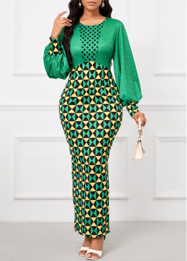 ROTITA Patchwork Geometric Print Green Maxi Bodycon Dress