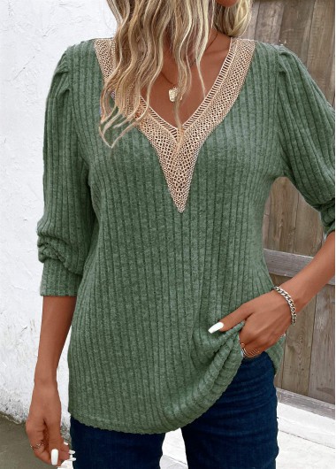 Patchwork Green V Neck Long Sleeve T Shirt