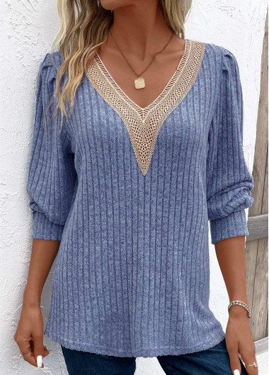 Patchwork Sky Blue V Neck Long Sleeve T Shirt