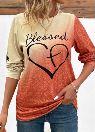 Ombre Orange Round Neck Long Sleeve T Shirt